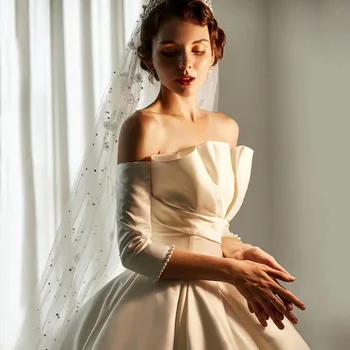 

Wedding Dress 2020 New Mrs Win Three Quarter Sleeve Luxury Satin Strapless Wedding Gown With Train Lace Up Vestido De Noiva