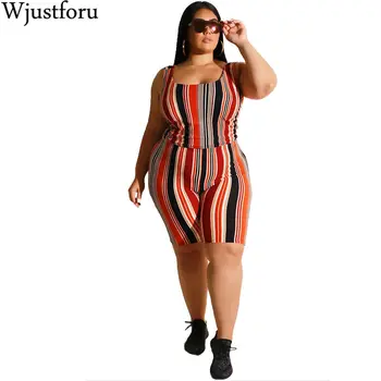 

Wjustforu Plus Size 2 Piece Set For Women Spaghetti Strap Sexy Tops + Bodycon Shorts Femme Summer Striped Casual Tracksuit Slim