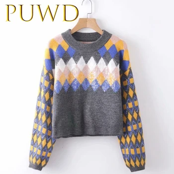

PUWD 2019 Autumn and winter new women's diamond plaid pattern bead piece Lantern Sleeve knitwear sweater coat
