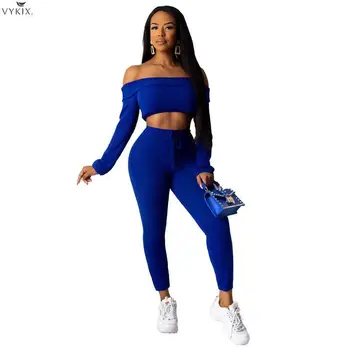 

Casual Spring Ribbed Two Piece Set Top And Pants Folded Slash Neck Long Sleeve Crop Top Pencil Pants Women Track Suit Outfits