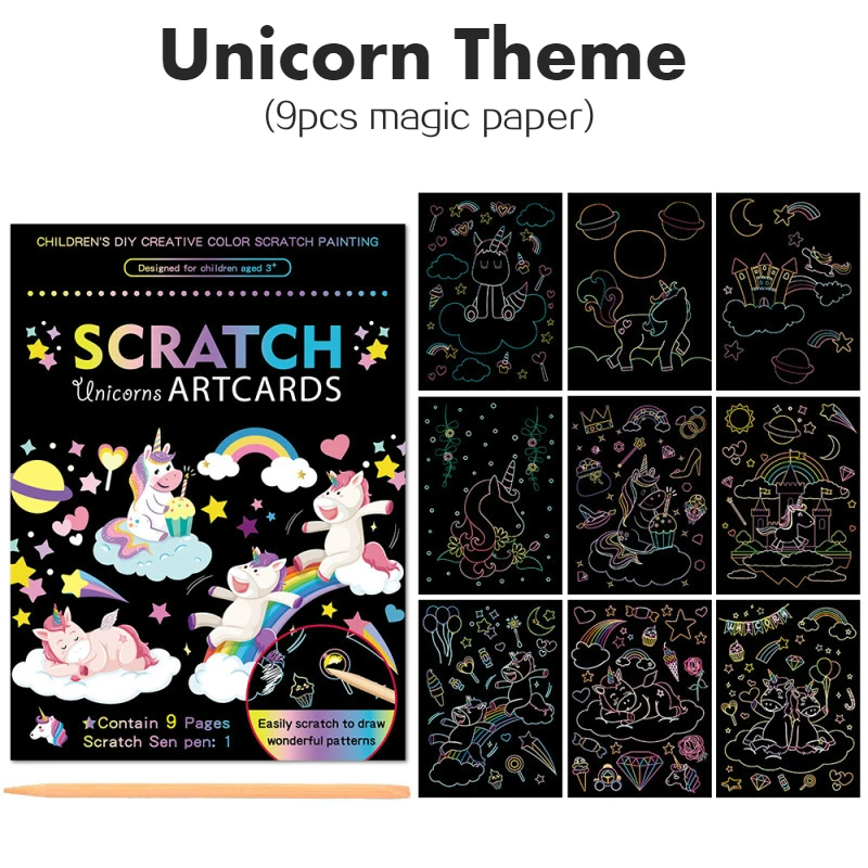 9Pcs/Set Magic Rainbow Color Scratch Art Painting Paper Card Kit Cartoon Dinosaur Unicorn Drawing Board Kids DIY Educational Toy 9