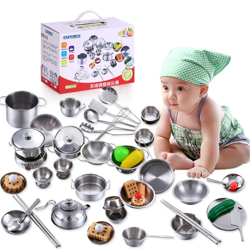 

1 Set 40 Pcs Pretend Play Toy Stainless Steel Children Toy Miniature Cooking Set Simulation Tableware Hot New Year Gift Xmas