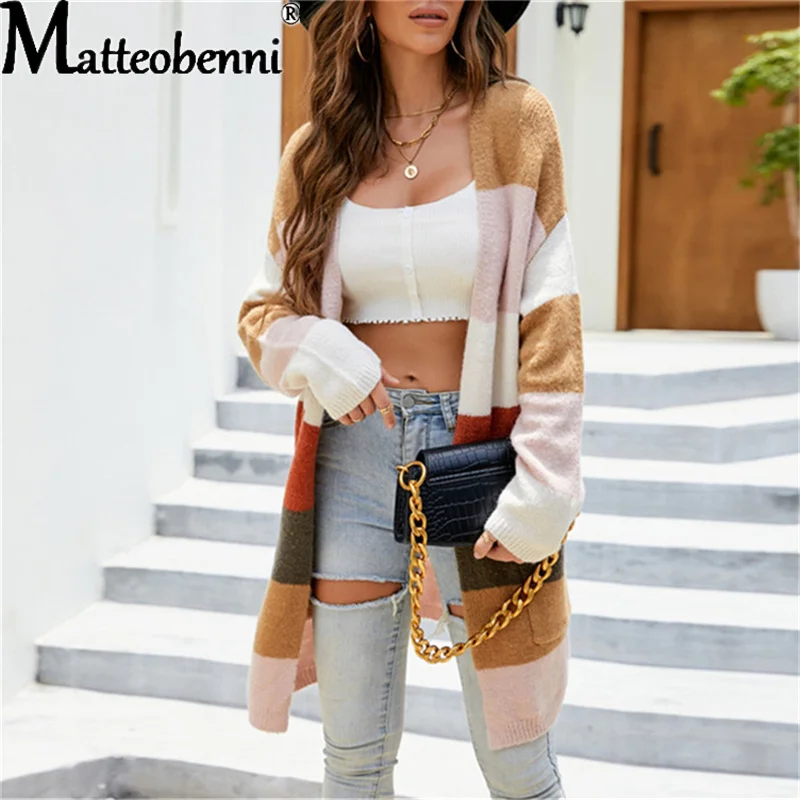 

Women Knitting Color Contrast Cardigan Long Sweater Long Sleeve Casual Striped Printed Loose Female Coat 2021 Autumn Winter Tops