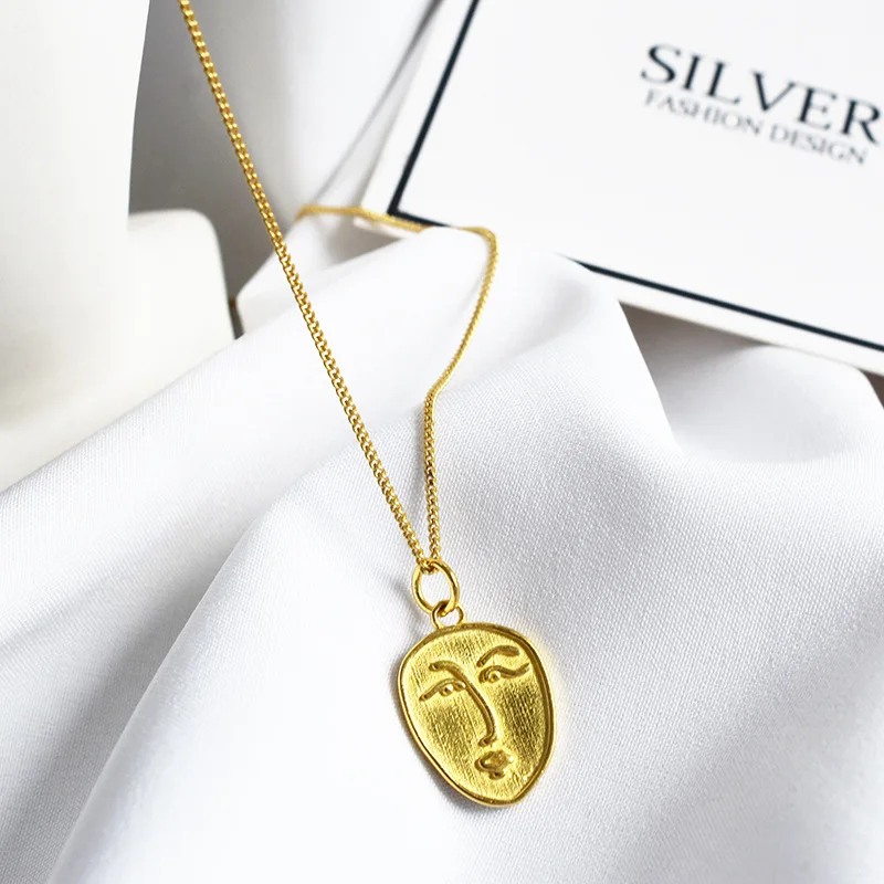 

S925 Fine Silver Abstract Face Necklace INS Korean-style K Gold Color Figure Choker Fashion-Girl'S Fashion Parts