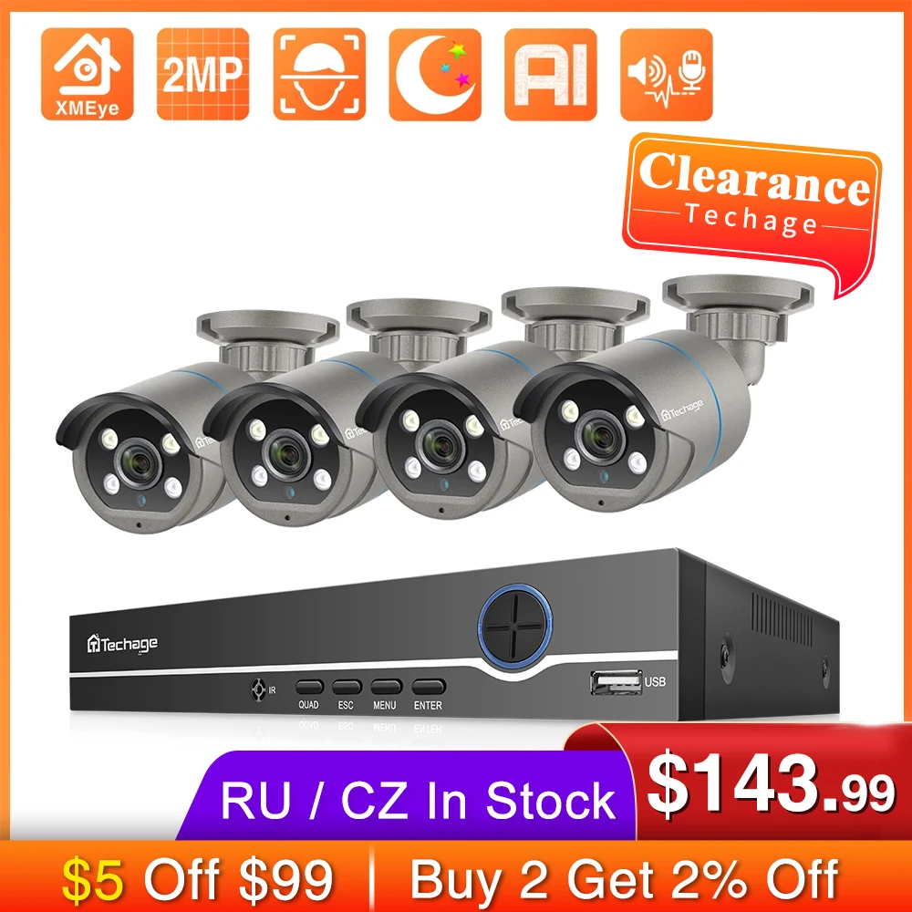 Techage 1080P CCTV Security System H.265 8CH POE NVR Kit Outdoor Smart AI IP Camera Two Way Audio Recording Surveillance Set