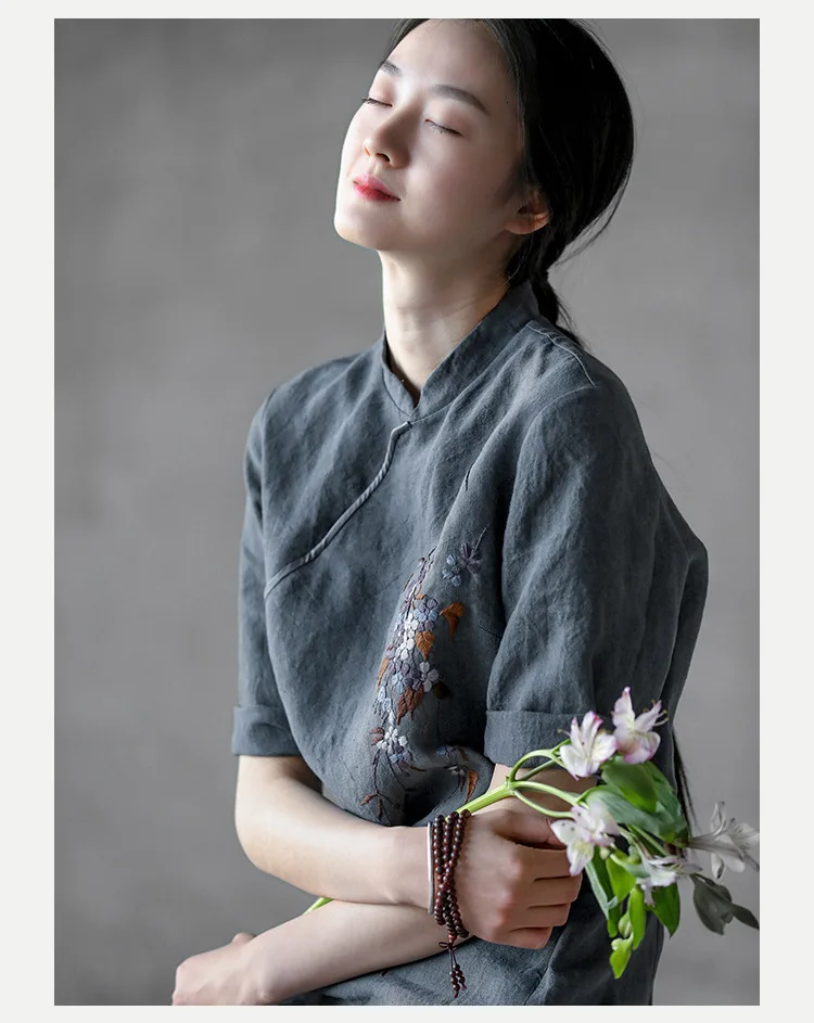 19 костюмное платье пеньковая и льняная вышивка Cheongsam китайский стиль платье халат 90876