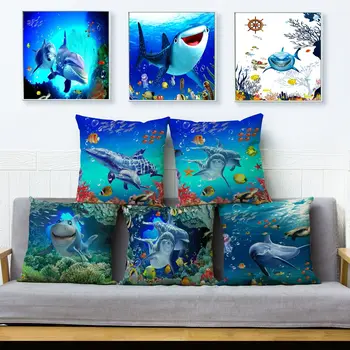 

Blue Underwater World Print Cushion Cover Modern Home Decor Pillow Dolphin