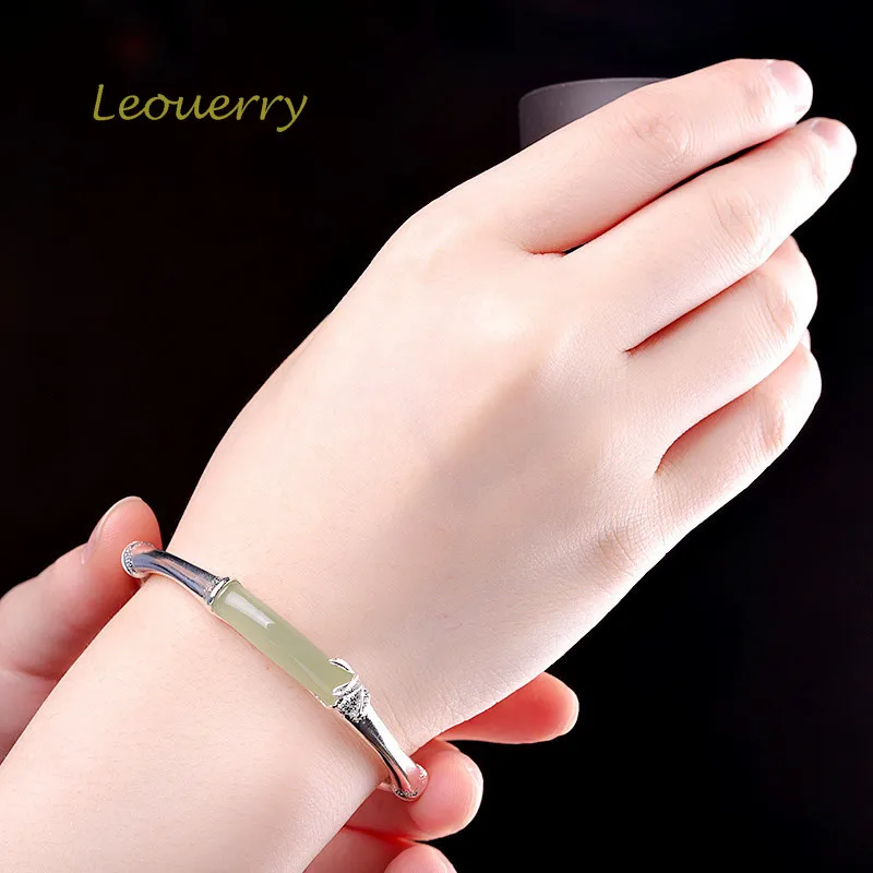 Leouerry, 925 пробы, серебряный,, Hetian Jade, Bamboo Joint, браслет и браслет, модный, манжета, браслет для женщин, девушек, ювелирное изделие
