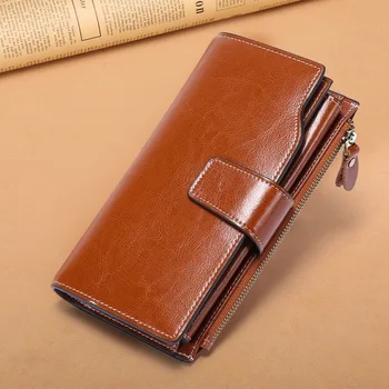

New Leather Anti-Women's Wallet Long Korean-Style Wax Leather Wallet Leather Women's Multi-Card Wallet Purse Women