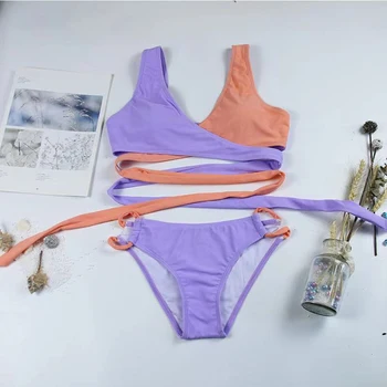 

Solid two piece swim suit bikini 2020 mujer High cut swimwear women Sexy white hollow out swimsuit Push up bathing suit biyuini