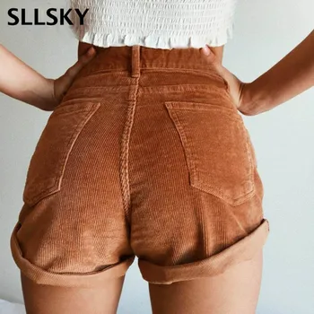 

Sllsky Elastic high waist corduroy shorts New women Casual streetwear shorts female Loose summer zipper button short shorts