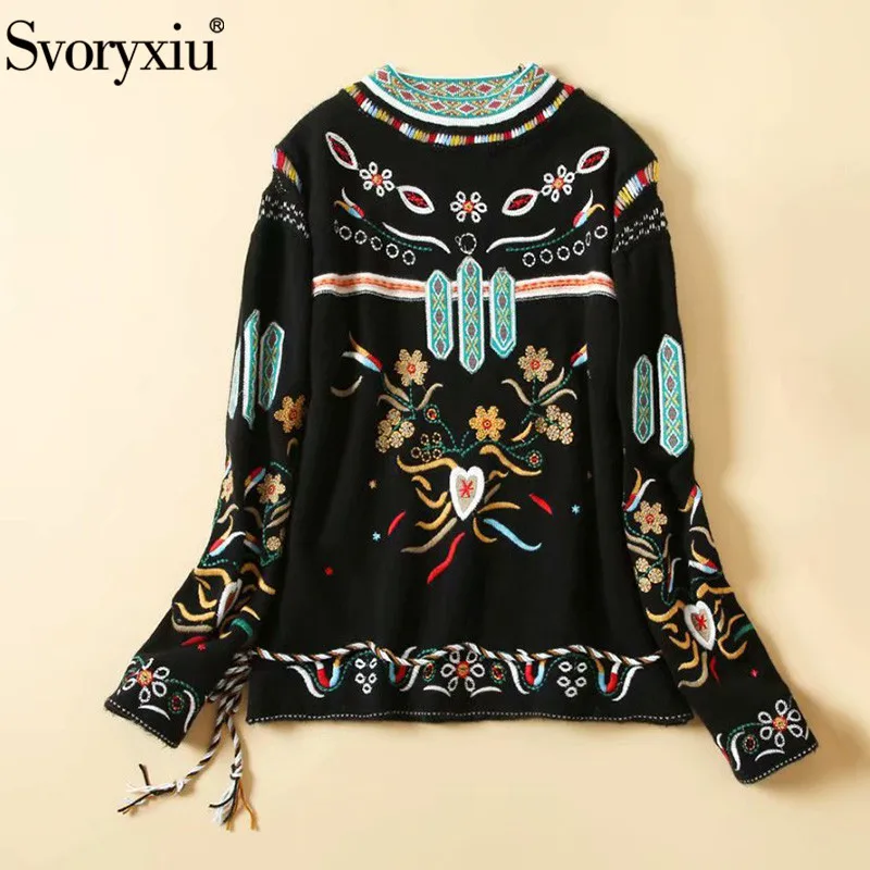 Svoryxiu дизайнерский осенне-зимний толстый свитер пуловеры женские с длинным рукавом цветочной вышивкой черные вязаные пуловеры женские