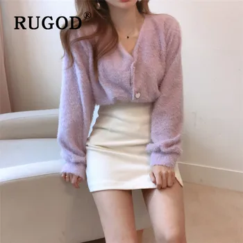 

RUGOD Elegant V Neck Fluffy Cardigan Women Thick Warm Winter Cashmere Sweater Fashion Single Breasted Long Sleeve Knitted Coat