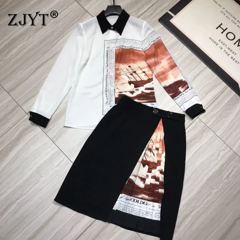 

2020 New Spring Elegant Lady Skirt 2piece Set Women Runway Designers Color Block print Blouse and Skirt Suit Matching Sets