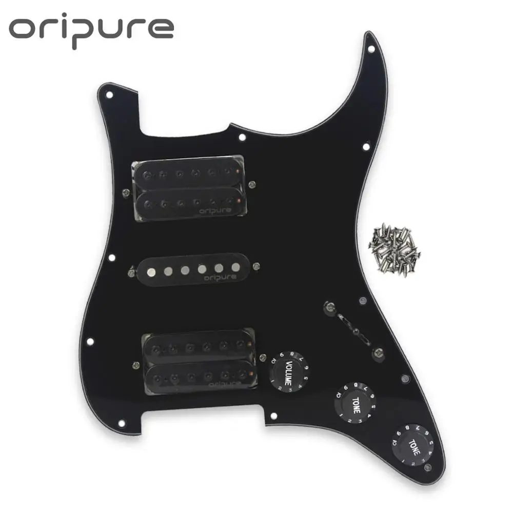 

OriPure Black Prewired Electric Guitar Pickguard Alnico 5 Pickups Potentiometer 500k for Strat HSH 11 Hole