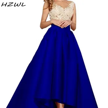 

Royal Blue Bridesmaid Dresses Satin V Neck Lace APpliques High Low Wedding Guest Dress Sleeveless vestido de fiesta de boda