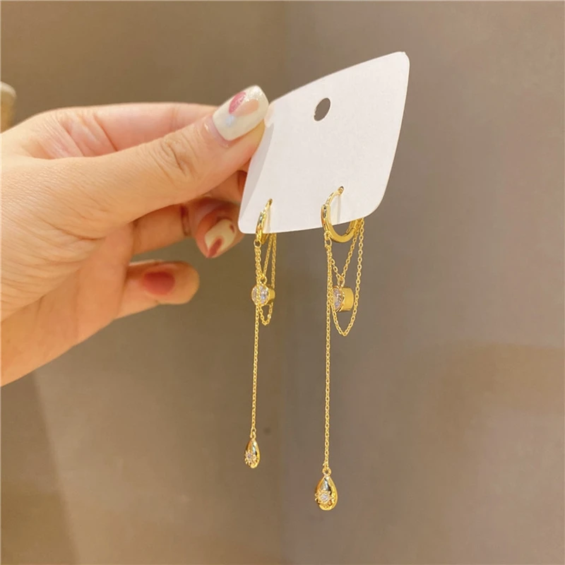 MENGJIQIAO Korean Cute Metal Circle Hoop Earrings For Women Girls Fashion Link Chain Long Tassel  Boucle d'oreille Jewelry