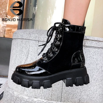 

BONJOMARISA Brand Genuine Leather Platform shoes lace Chunky Heel Boots Fashion Winter Boots Women Stylish Cool Shoes Woman