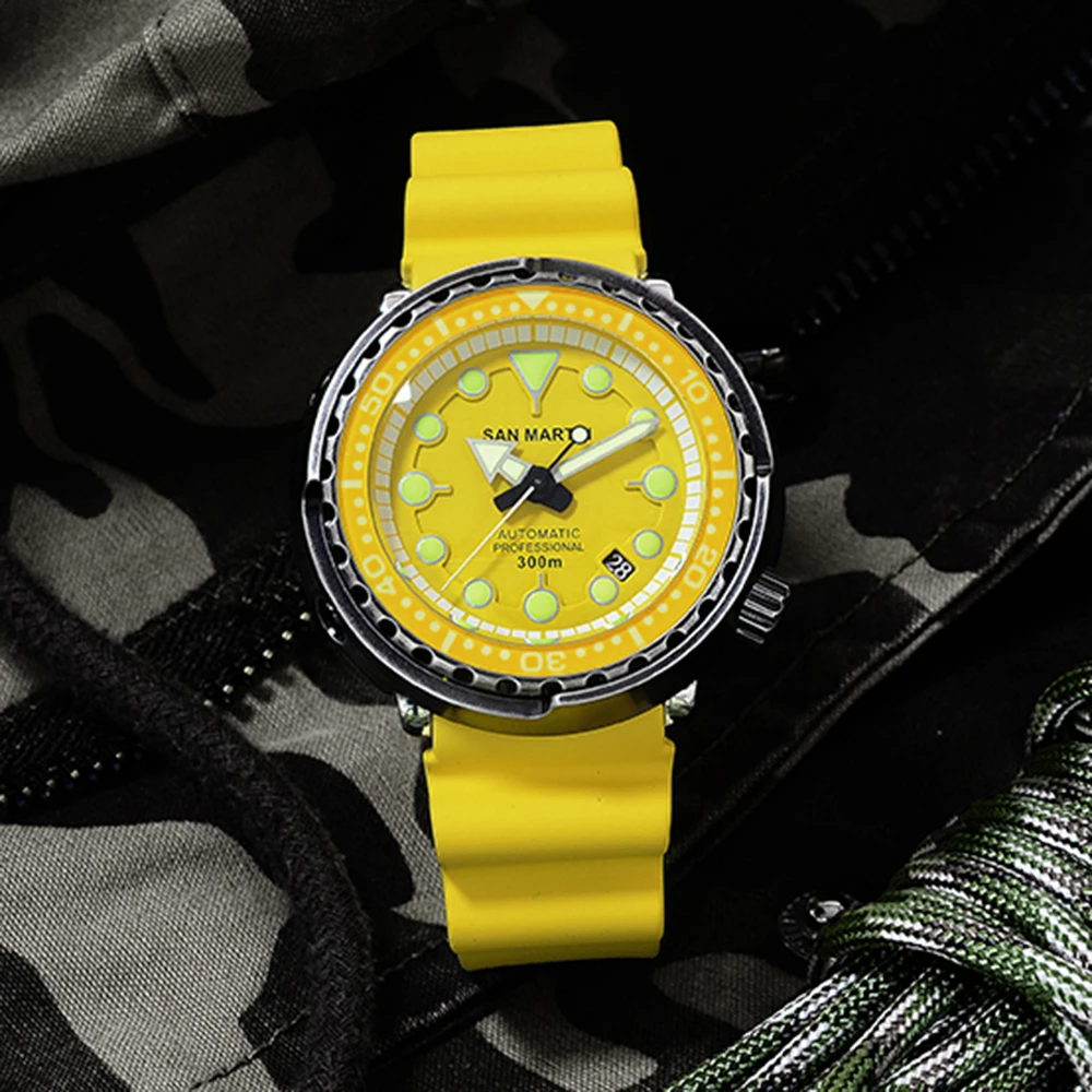 rubber yellow Новые автоматические часы San Martin Tuna SBBN031 300m водонепроницаемые часы NH36 MOV'T наручные часы нержавеющая сталь наручные часы для дайвинга мужские - Цвет: rubber yellow