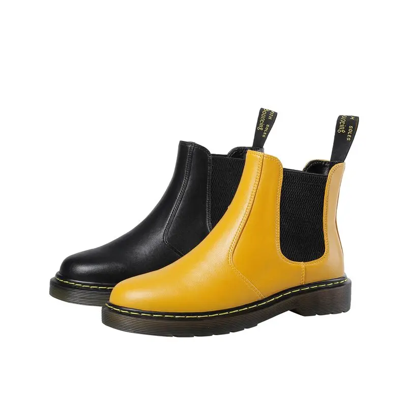 ZVQ/красивые женские Ботинки martin; зимние плюшевые желтые ботильоны из натуральной коровьей кожи; модная женская обувь на плоской подошве; Брендовая обувь в стиле панк