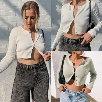 

Women's Long Sleeve O-Neck Open Front Cardigan Button Up Knitting Jumper Crop Tops Single Breasted Sweater