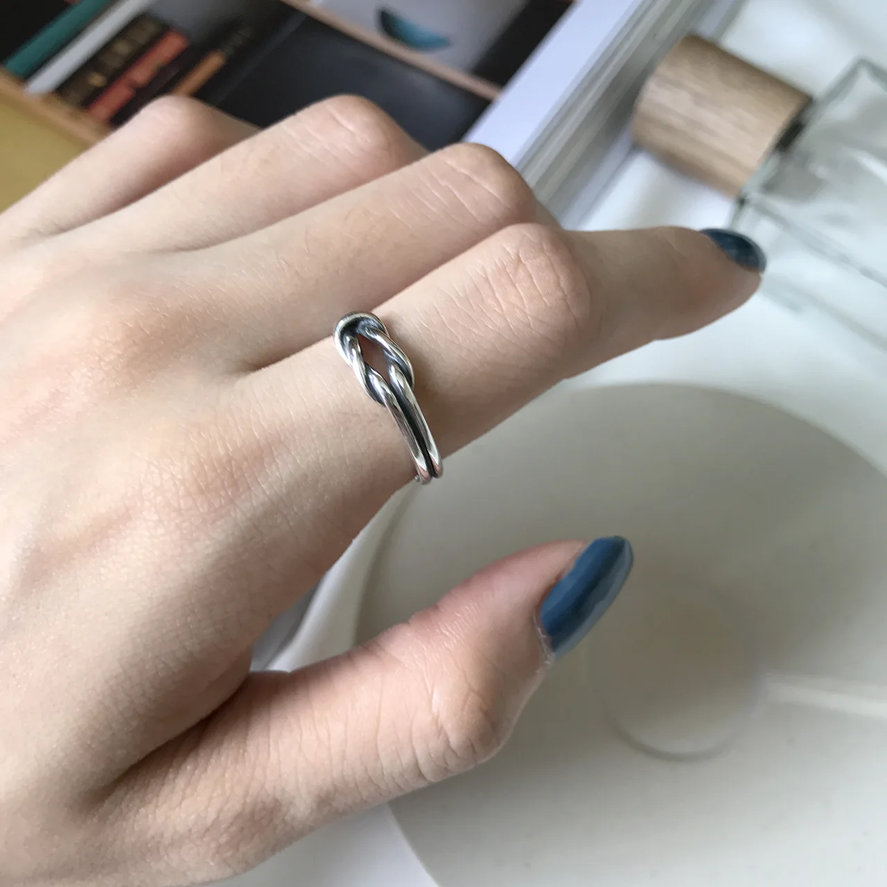 Korean-style S925 Fine Silver Double-Line Knot Vintage Retro Cool Adjustable Silver Ring