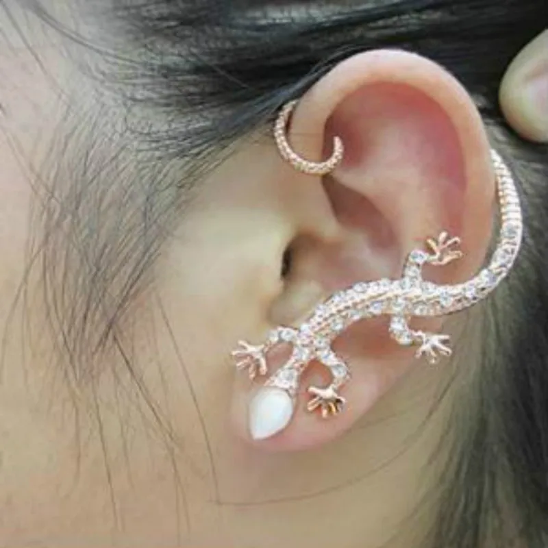 

10pcs/lot Fashion Women Rhinestone luxury Elegant Rose Gold Exaggerated Gecko Lizards Stud Ear Cuff Earrings