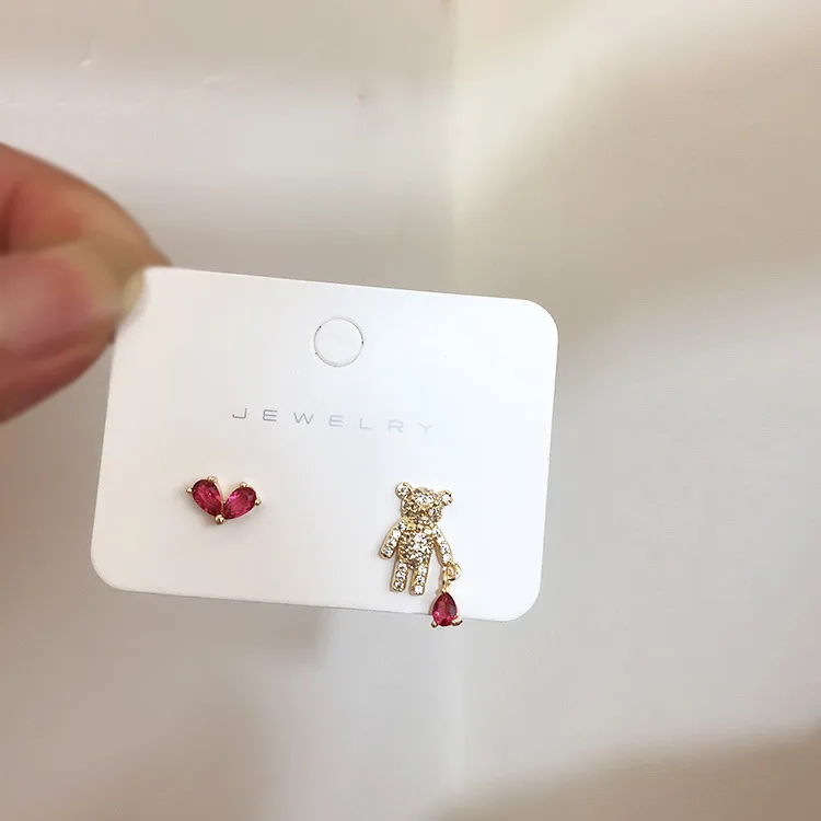 S925 Серебряные корейские серьги-гвоздики для женщин Милые Девушки Сердце Кристалл Циркон Любовь медведь маленькие серьги шпильки Свадебные Ювелирные изделия Подарки