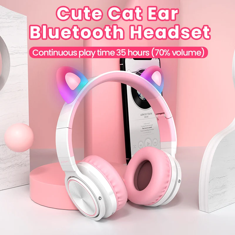 Kids Bluetooth5 0 Cute Cat Ear Headsets Wireless Hifi Headphones Stereo Noise Cancelling Headphones LED Luminous with Microphone
