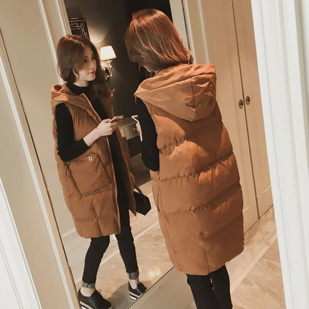 JAYCOSIN Ladies New Fashion Stand Collar Wild Long Vest Casual Solid Color Warm Hooded Cotton Vest Autumn And Winter Hot Jacket