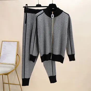 

Autumn Winter Tracksuit Woman Color Patchwork Turtleneck Zipper Knitted Cardigans+Pants 2PCS Sets Long Sleeve Knit Top Trouser