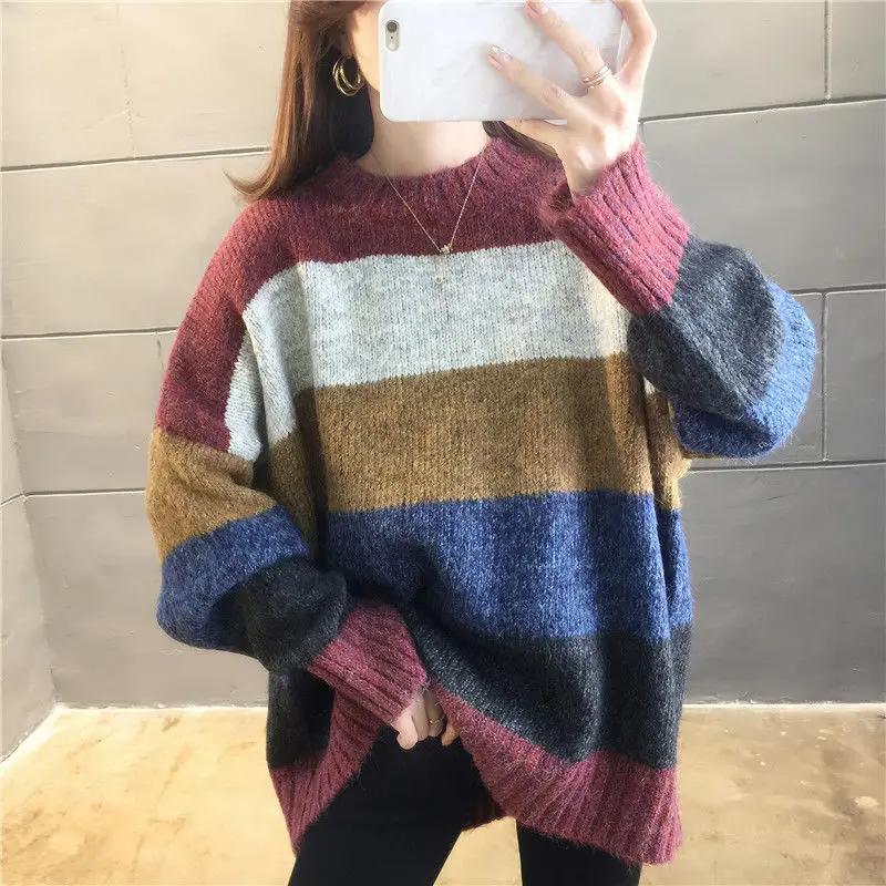 Женский свободный свитер от ветра в радужную полоску Осень-зима 2021 утолщенный