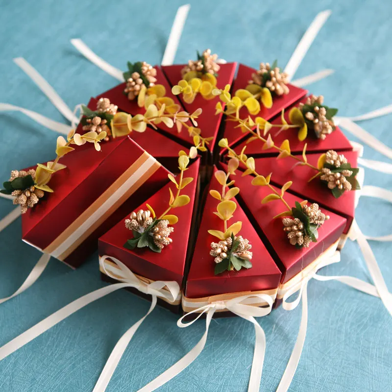 10 pcs/set Wedding Candy Storage Box Sweet Cake Shape Favors Gifts Paper Bag with Flower Ribbons Baby Shower | Дом и сад