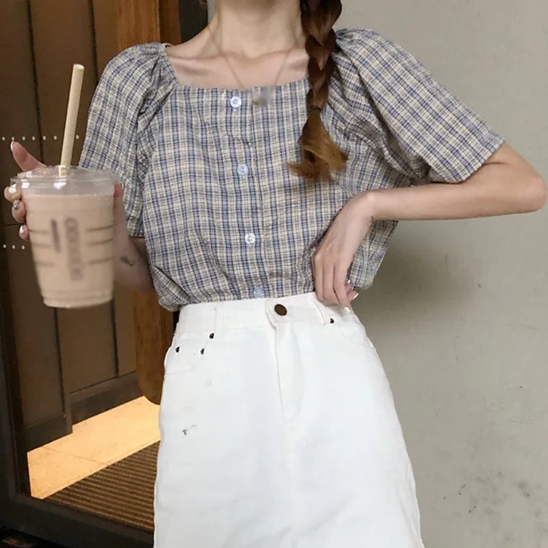 

Women T-Shirts Summer Korean Style Female Tshirt Retro Small Clear Loose Plaid Button Short-Sleeved Tops