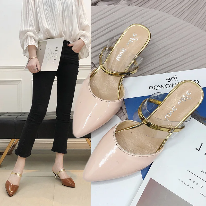 

2019 Spring And Summer-High Heel Shoes Women's Bright Skin WOMEN'S Sandals Closed-toe ban tuo xie Women's Pointed Toe Thin Heele
