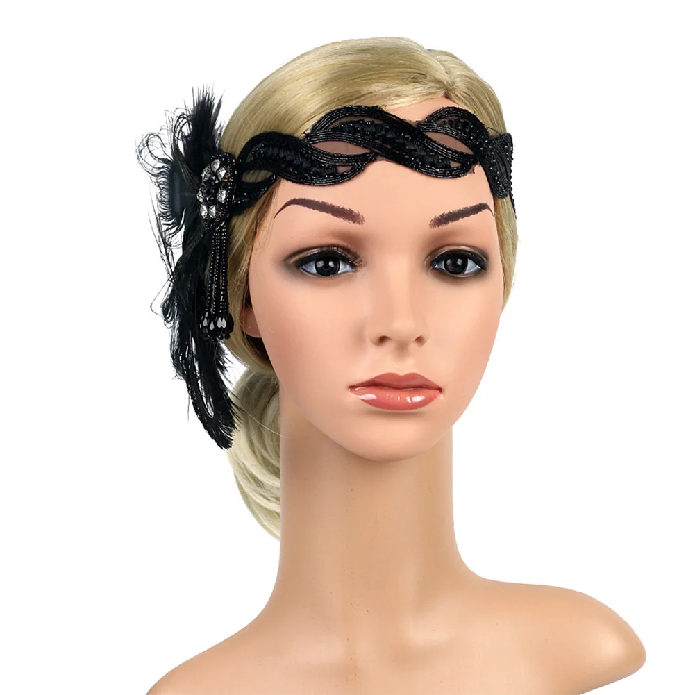 Bridal Vintage Costume Accessories Women Headband 1920s Indian Headpiece Headdress Elastic Girls Feather Flapper Art Deco Party