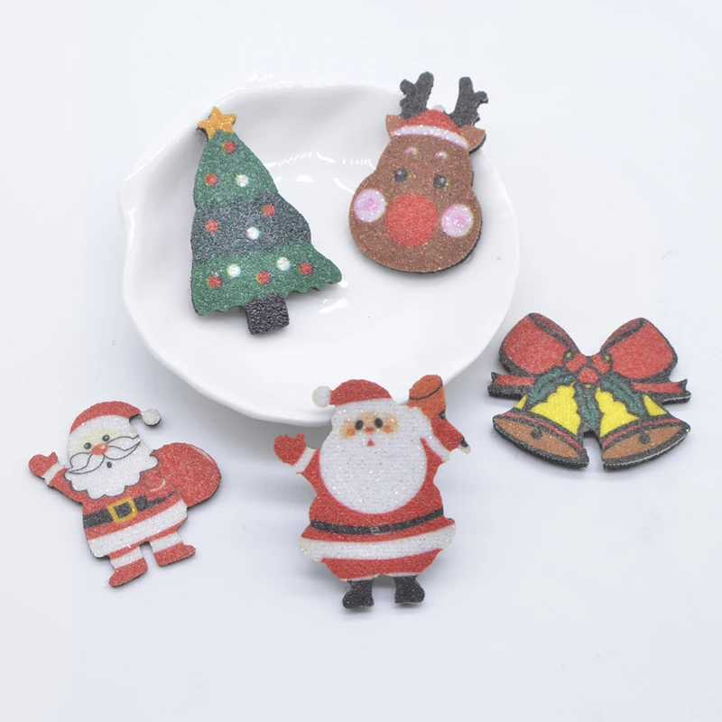 10 Stück bedruckte Weihnachtsmann-Baum-Hirschglocke, gepolsterte Glitzer-Leder-Applikationen für DIY Kopfbedeckungen, Haarspangen, Band, Schleife, Dekor-Zubehör