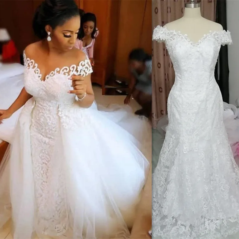 Восхитительные Свадебные платья-русалки в африканском стиле из двух частей 2020, кружевные 2 в 1 Свадебные платья со съемным шлейфом