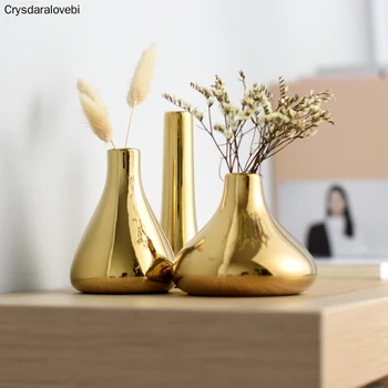 

Nordic Style Golden Ceramic Vase Dry Flower Arranger Water Planting Container Desktop Decoration Vase