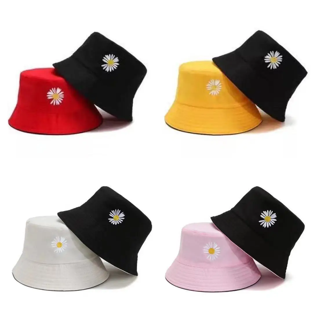 Unisex Bucket Hat Double-Side Outdoor Fishing Cap Women Men Sunscreen Hats Daisy Embroidery Fisherman Caps Double Wear Hats 6