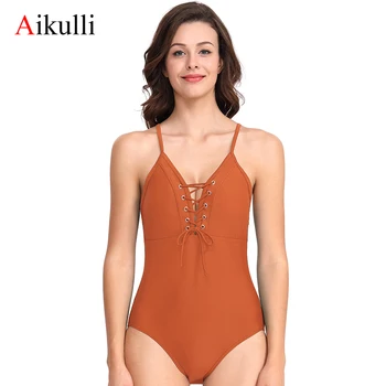 

Aikulli Sexy One Piece Swimsuit Women Lace Up Vintage Padded Bathing Suits V Neck Swimwear Female Bathing Suit Beach Swimming