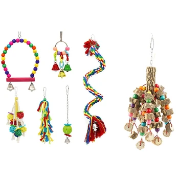 

6 Pcs Birds Swing Toys,Parrots Chewing Hanging Perches with Bells Toys & 1 Pcs Parrot Chewing Pendant Puzzle Molar Toy