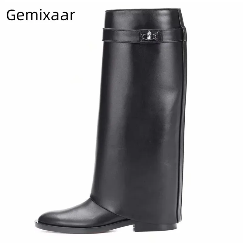 

Genuine Leather Turnup Boots Women Point Toe Comfy Slip On Decor Buckle Bottes Square Heel Autumn Winter Fashion Boots Woman