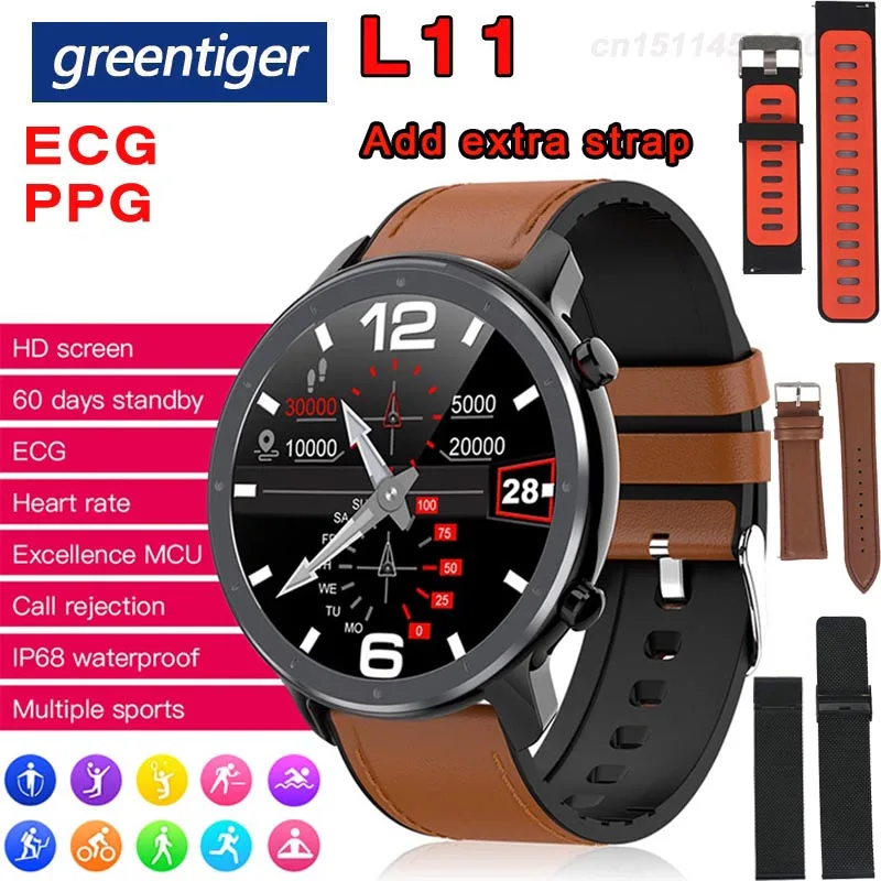 

Greentiger L11 Smart Watch Men ECG+PPG Heart Rate Blood Pressure Monitor IP68 Waterproof Weather Smartwatch VS DT78 L5 L8 L7