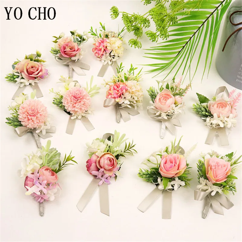 

YO CHO Wedding Wrist Bracelet for the Bridesmaids Silk Groomsmen Boutonniere Pin Flowers Wedding Witness Marriage Men Corsages