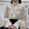 2022 Spring Ruffle Stitching Palace Blouse Women Long Flare Sleeve Buttons Ruched Loose Top New Stand Collar Chiffon Shirt 12946 ► Photo 2/6