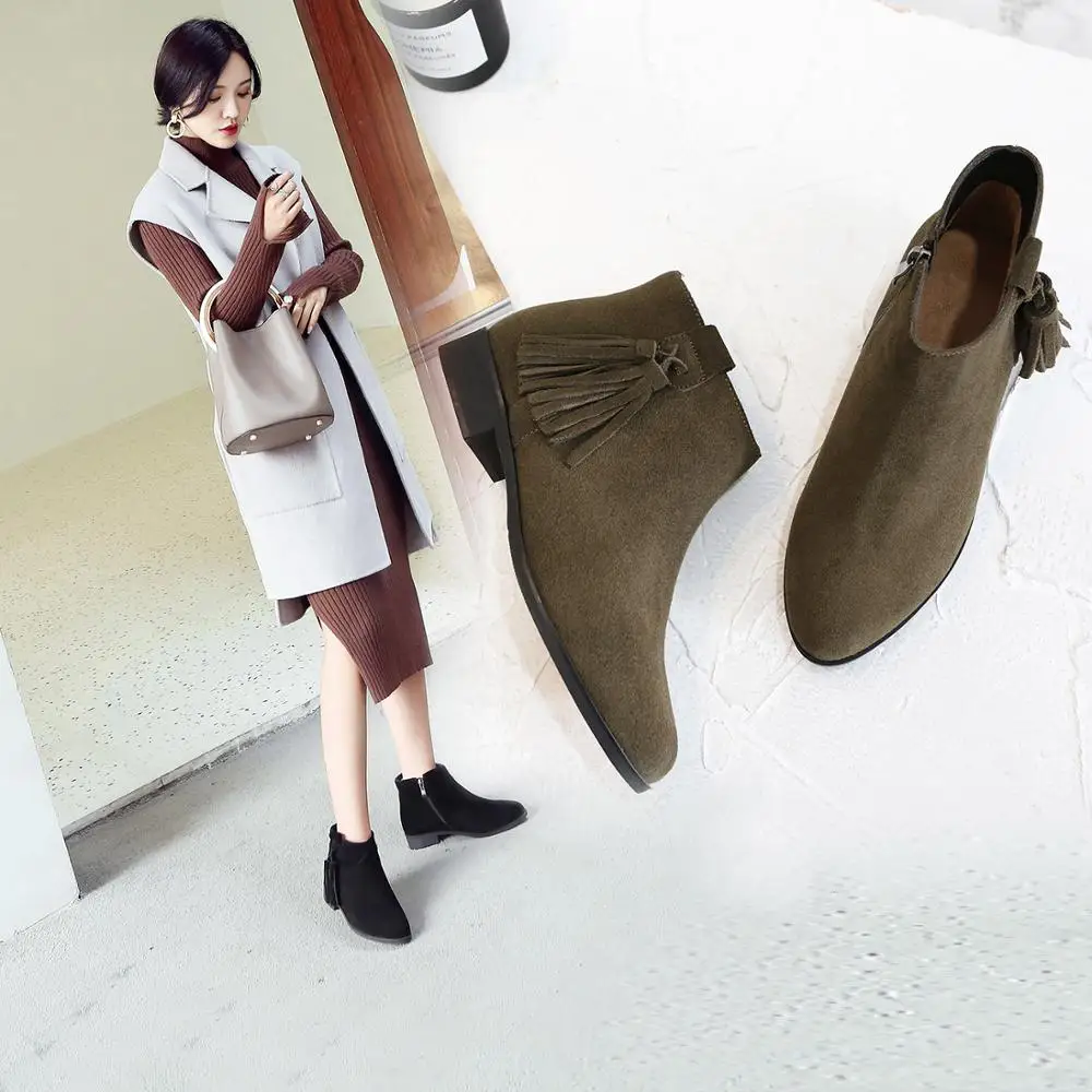 NEW Flock Leather Women Boots Dark Green Female Tassel Round Toe Zip-up Autumn/Winter Ankle Boots M887