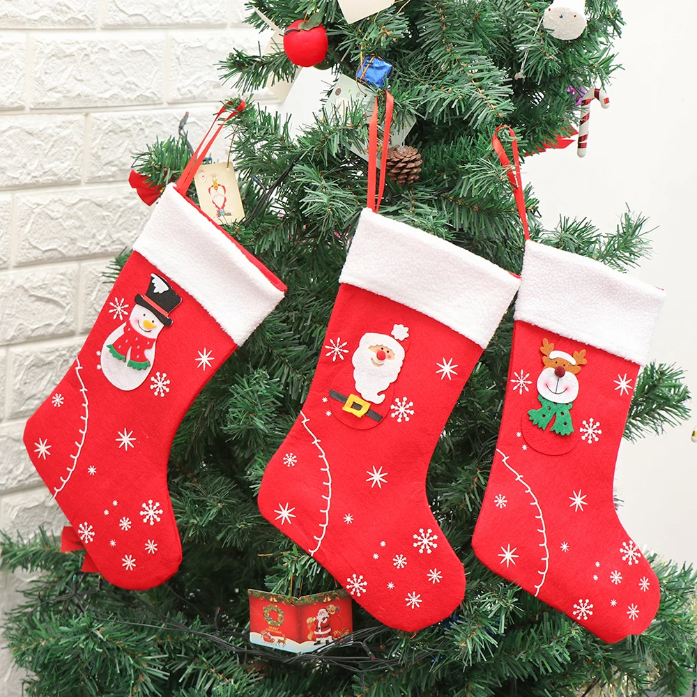 Christmas Stockings Fabric Santa Claus Sock Gift Kids Candy Bag Snowman Deer Pocket Hanging Xmas Tree Ornament