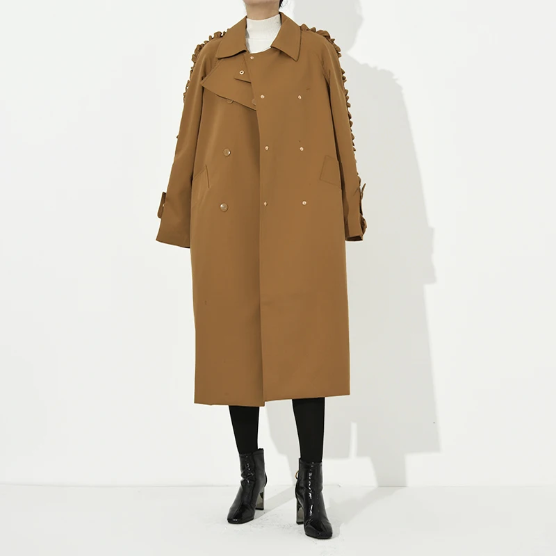 [EAM] женский длинный Тренч коричневого цвета с оборками, новая свободная ветровка с отворотом и длинным рукавом, модная осенне-зимняя модель 1B8870