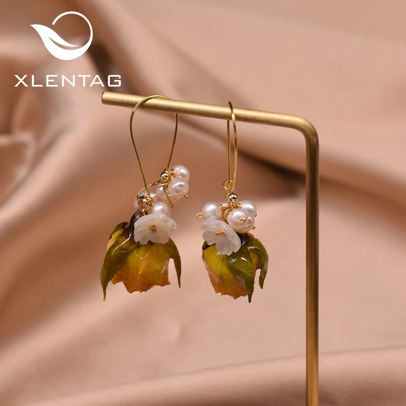 XlentAg натуральный жемчуг ракушка настоящие желтые серьги кольца цветок милый для